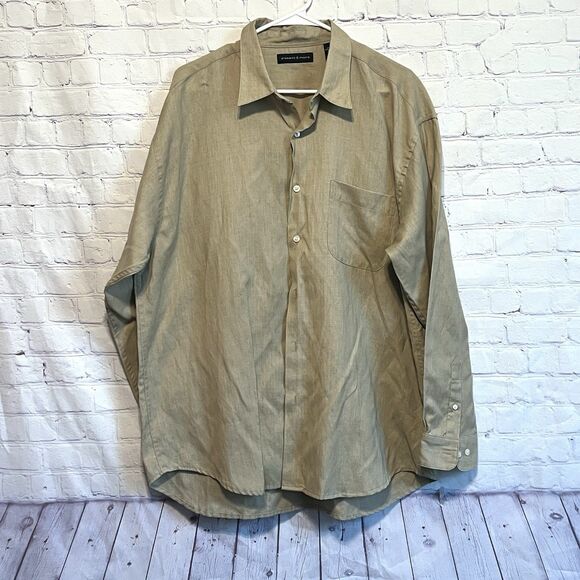 Preswick & Moore Button Up Dress Shirt Mens Sz XL Khaki Linen Blend Corp Church - Picture 4 of 9
